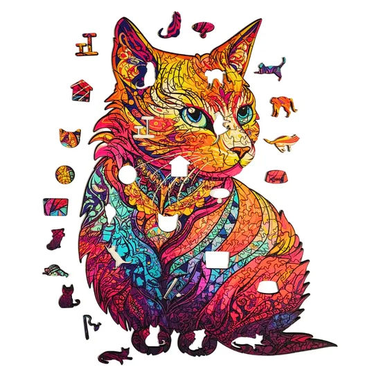 Quebra-Cabeça de Gato Neon em Madeira 3D